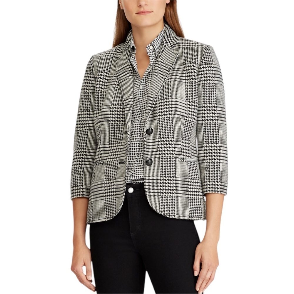 Lauren Ralph Lauren Black White Plaid Knit Blazer Size 12 Petite